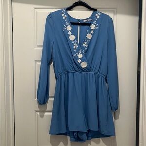 Blue Floral Embroidered Romper